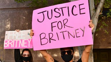 Protesters hold signs at the #FreeBritney protest outside of the courthouse on October 14, 2020 in Los Angeles, California. (Photo by Rodin Eckenroth/Getty Images)  